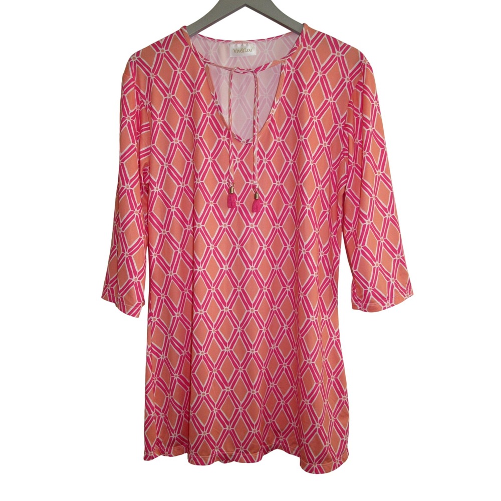 Viv & Lou Dress Womens Size M Tropical Resort Lounge Wear Cover Up V Neck Tassle